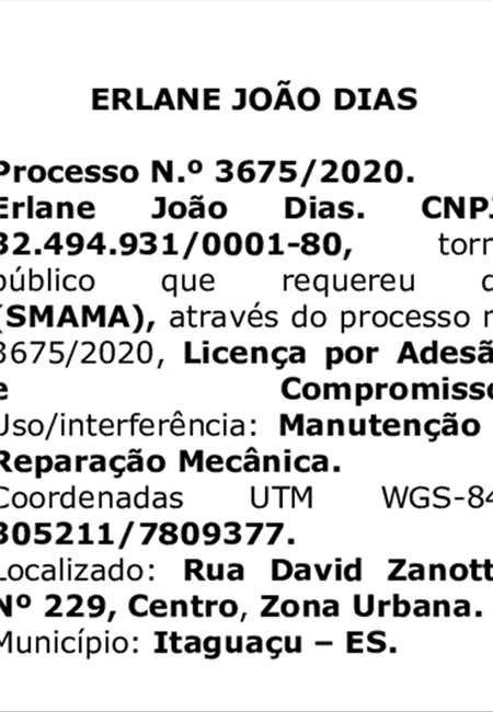 LICENÇA AMBIENTAL REQUERIDA - ERLANE JOÃO DIAS